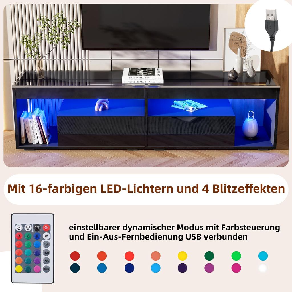 TV Schrank Stilvoll Fernsehschrank TV Lowboard Hochglanz Schwarz 70 Zoll Fernseher, TV Ständer 2 Schubladen, TV Möbel Wohnzimmer Schlafzimmer