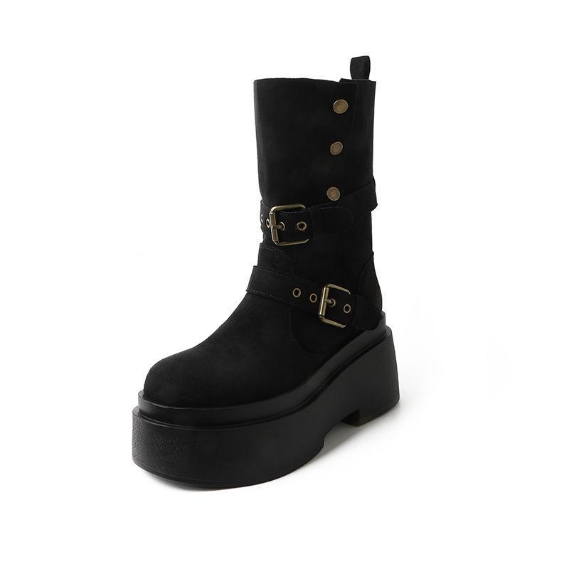 Women's Belt Buckle Not Tired Feet Thick Sole Heightening Soft Elastic Comfort Shock Absorption Non-slip Casual Sports Martin Boots