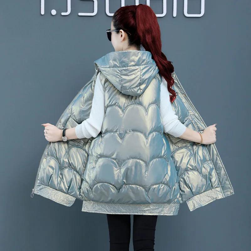 Women's Autumn and Winter Medium-Length Lightweight No-Wash Glossy Coat Solid Color Hooded Outerwear Vests