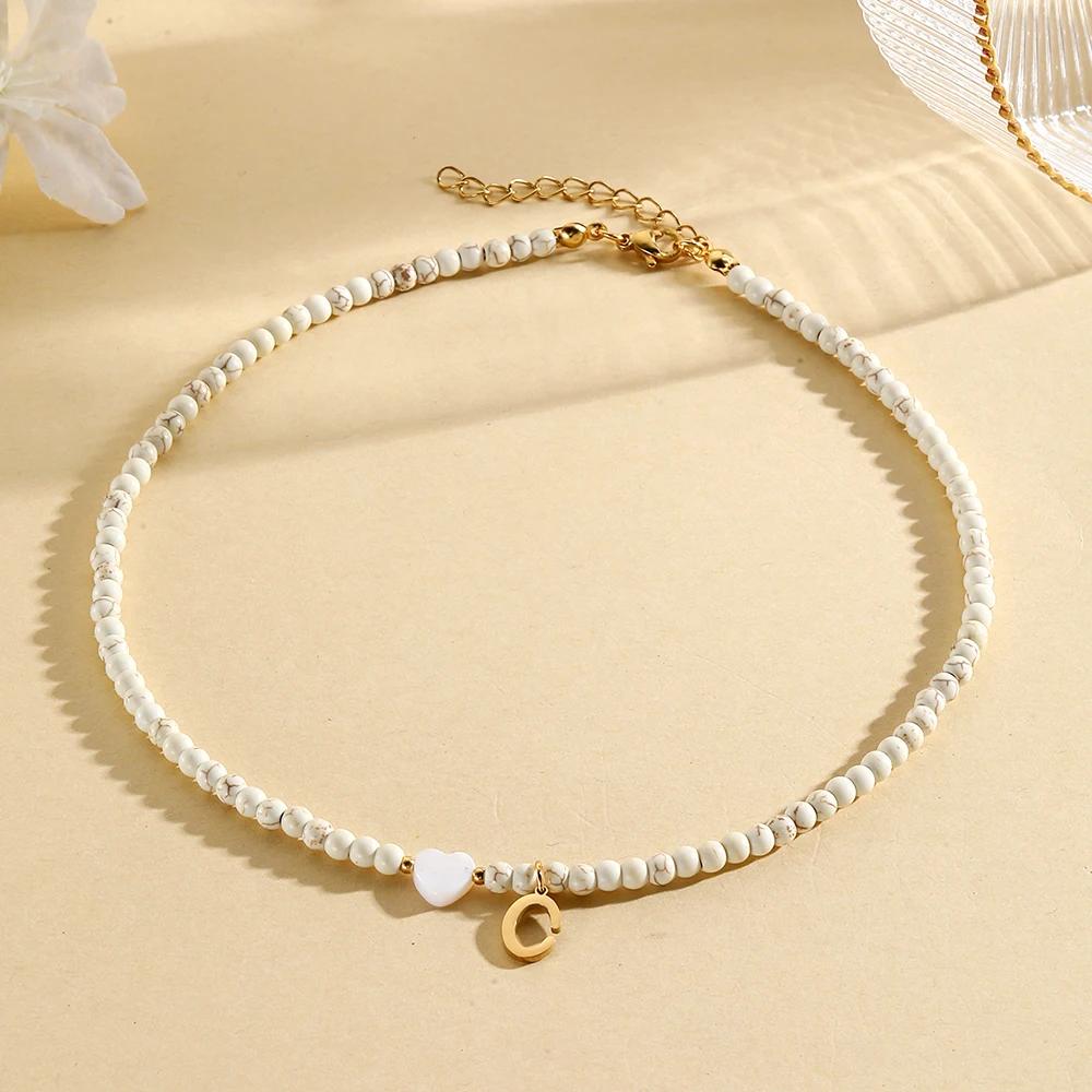 Bohemian Choker neck Initial necklaces heart-shaped shell letter pendant beads Women's stainless steel necklace woman trend2025