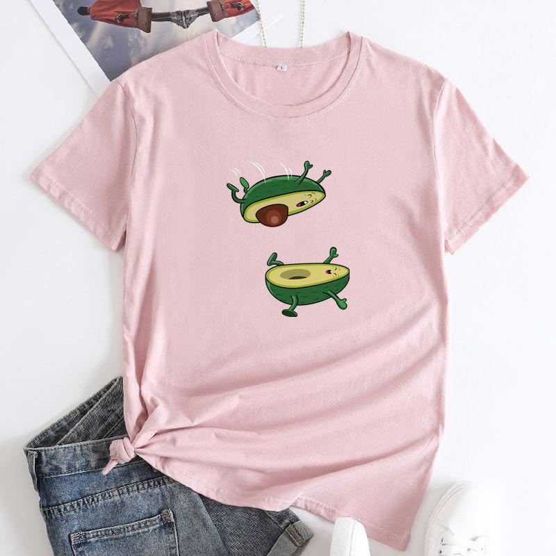 Seasonal Round Neck Avocado Pattern Printed Top Fashionable Casual Short Sleeved Women's Pure Cotton T-shirts