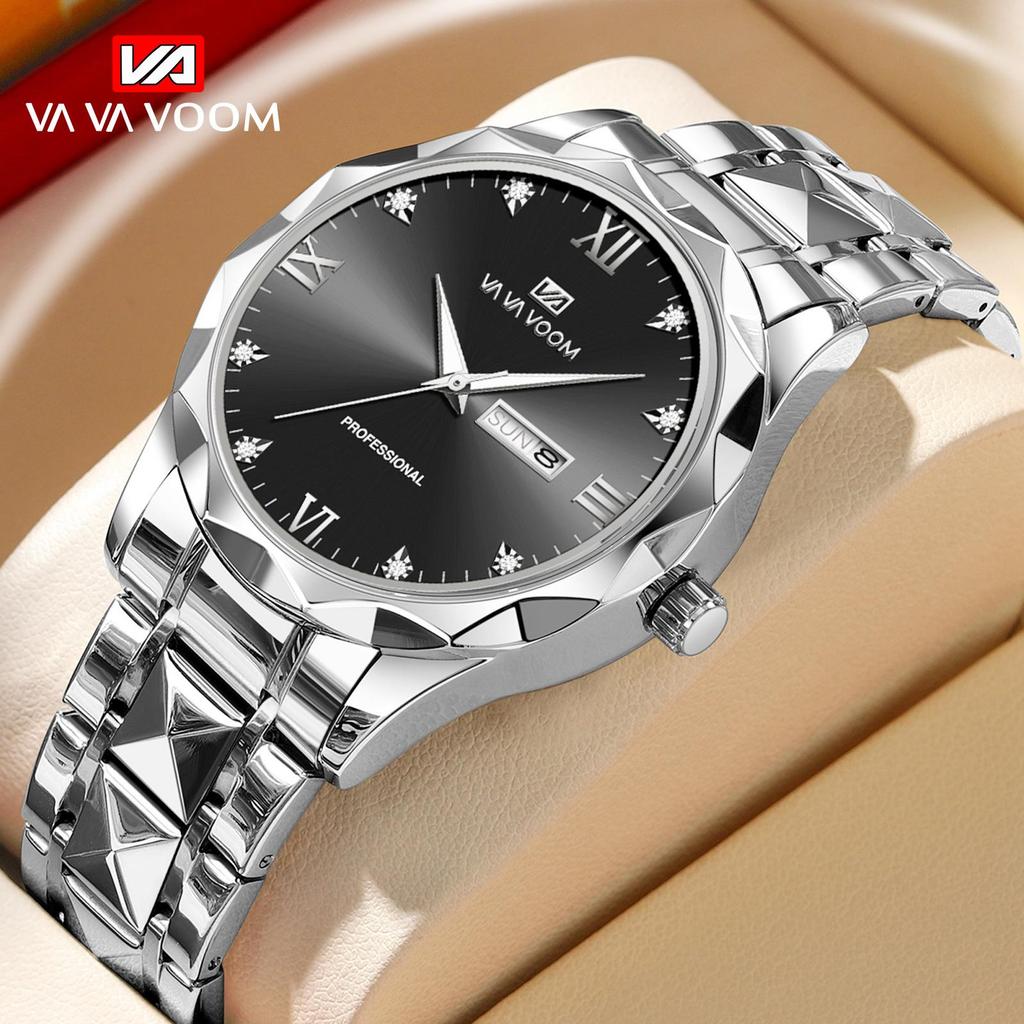 VA VA VOOM Quartz Watch Men Top Brand High Quality Stainless Steel 30M Waterproof Luminous Date Week Sports Business Wristwatches Women Quartz Watch