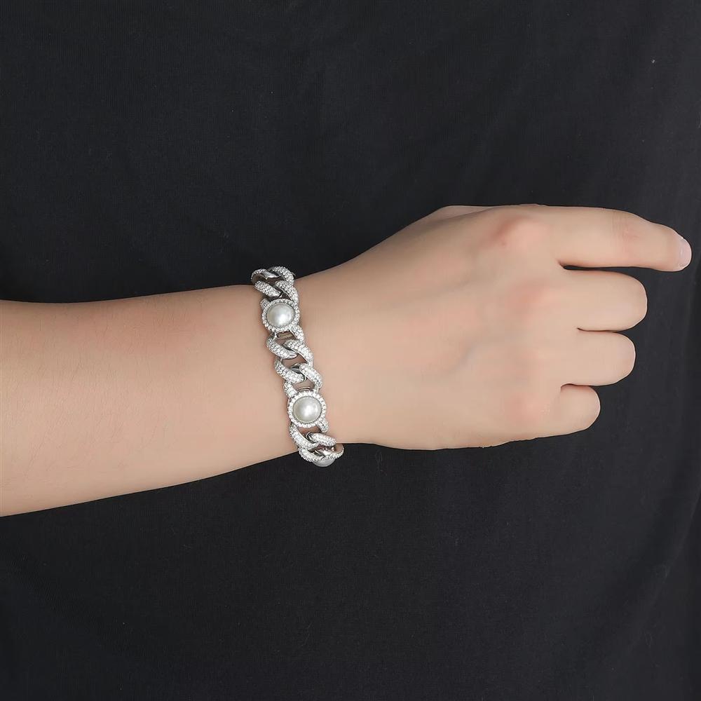 Personalized Hip Hop Jewelry Inlaid Pearl Cuban Chain Bracelet 15mm Bling CZ Iced Out Cuban Chain Pearl Bracelet