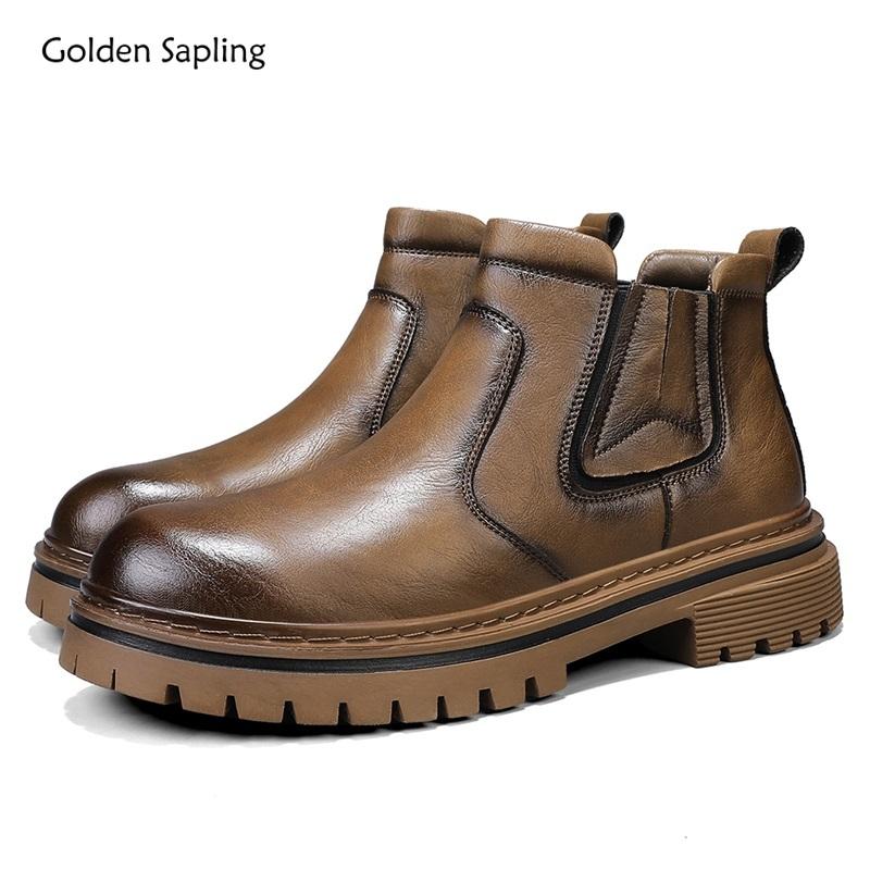 Golden Sapling High Quality Retro Men Motorcycle Boots New Microfiber Leather Men Boot Shoes Outdoor Thick Soled Slip-on Booties