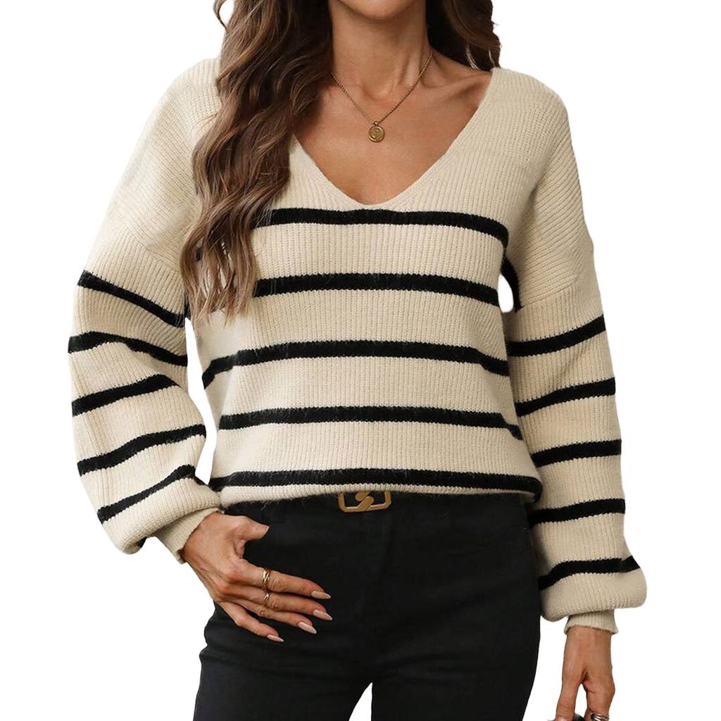 Women's Colorblock Striped Tie Knit Sweater - Loose Fit Pullover Top for Fall Winter