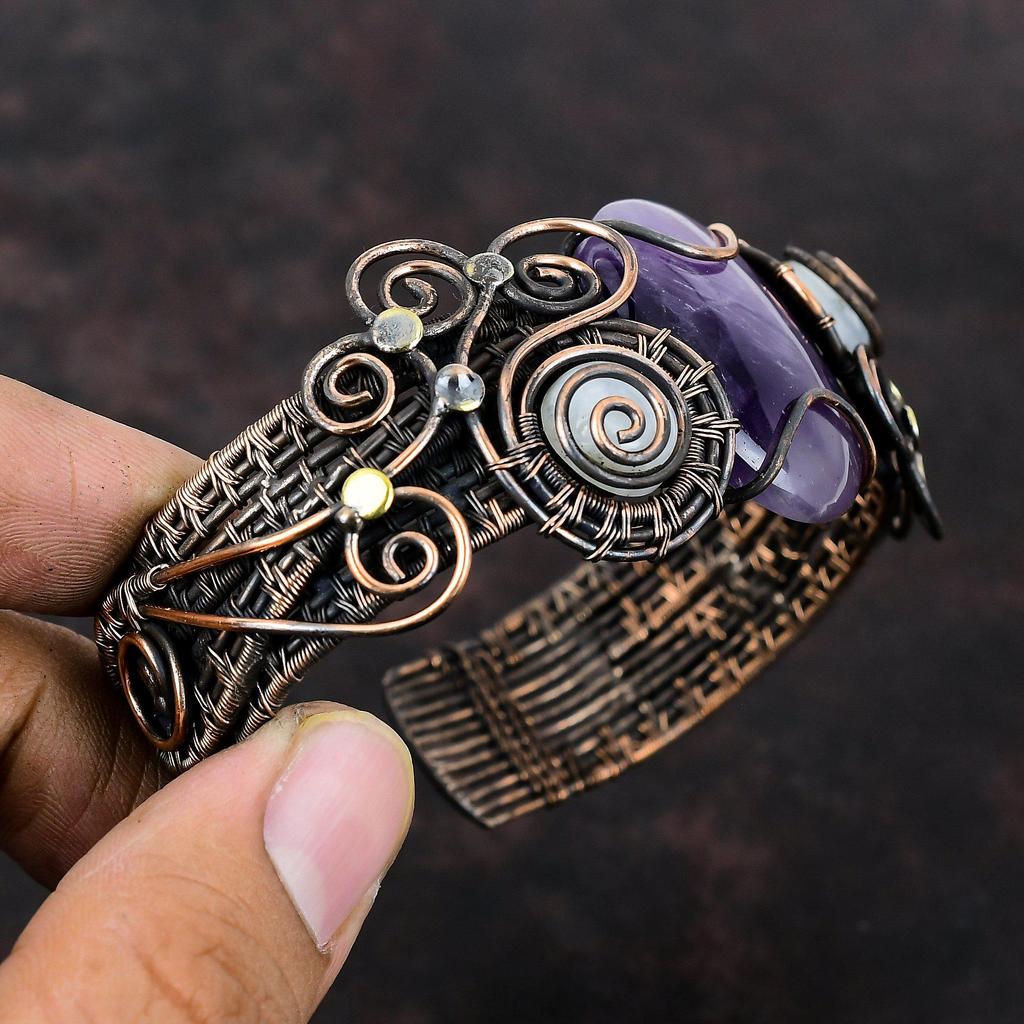 Brățară tip manșetă cu ametist stea, brățară cu pietre prețioase, sârmă de cupru înfășurată, brățară tip manșetă curcubeu, piatră lunară, brățară reglabilă, lucrată manual, bijuterii noi