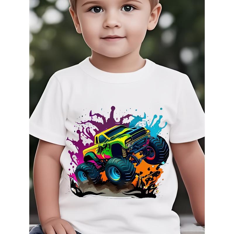 European sizes Cartoon Small Truck Children s Boys Girls Cartoon Print Short-Sleeve Top Boys  Casual Sportswear Top 110 белый