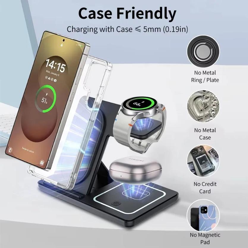 3 in 1 15W LED Foldable Wireless Charger Stand For Samsung S24 S23 Galaxy Watch 2-8 Active 1 2 Buds Pro Fast Charging Station