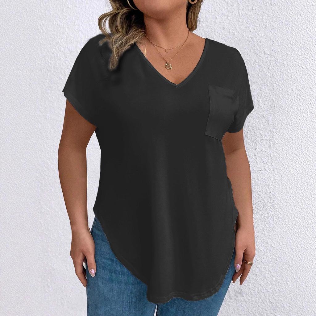 2026 Spring/Autumn Solid Color Plus Size Women's V-neck Short Sleeve Loose Pullover Top