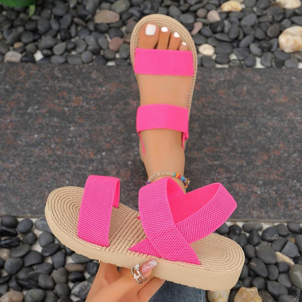 Women's Solid Color Flat Sandals, Casual Open Toe Summer Shoes, Lightweight Ankle Strap Sandals