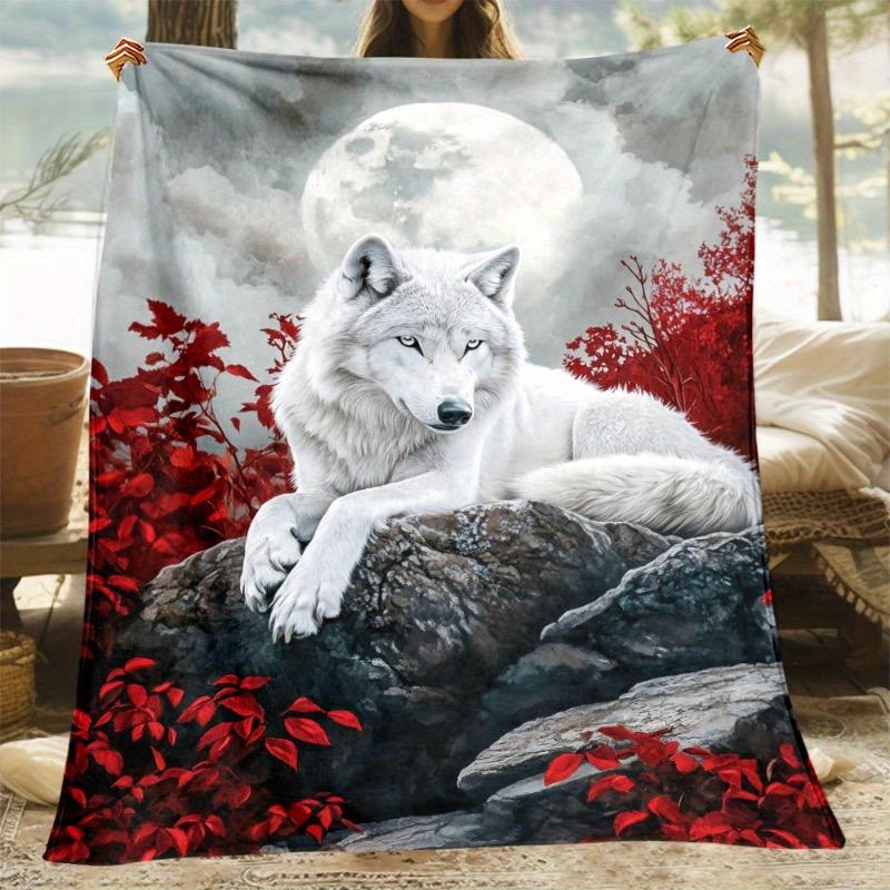 1pc Moonlit Wolf & Red Foliage Throw Blanket - Lightweight Flannel Soft & Warm Ideal for Sofa Outdoor Camping Living Room