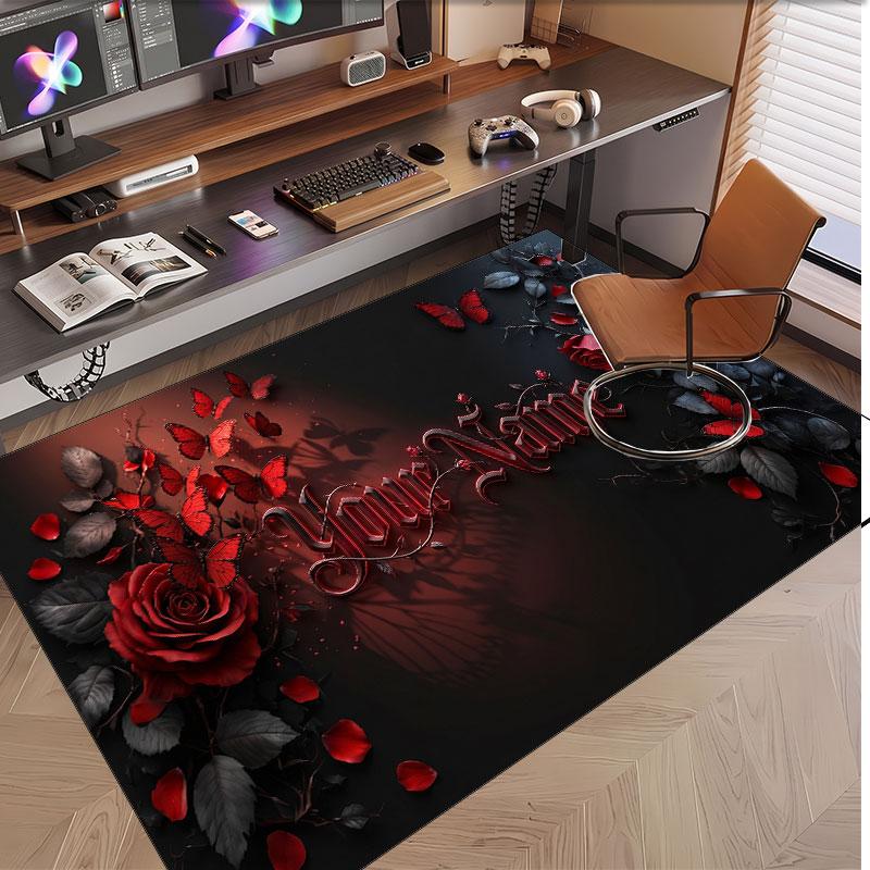 Rose Floral Theme Soft Crystal Velvet Rug Custom Name & Text Print Non Slip Floor Rug for Bedroom Living Room