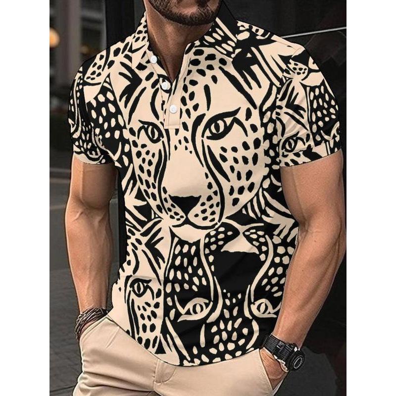 2025 New Cross-border Dropshipping Men's Regular Version Leopard Print Casual Short Sleeved Polo Shirt Casual Men's Polo Shirt Collar