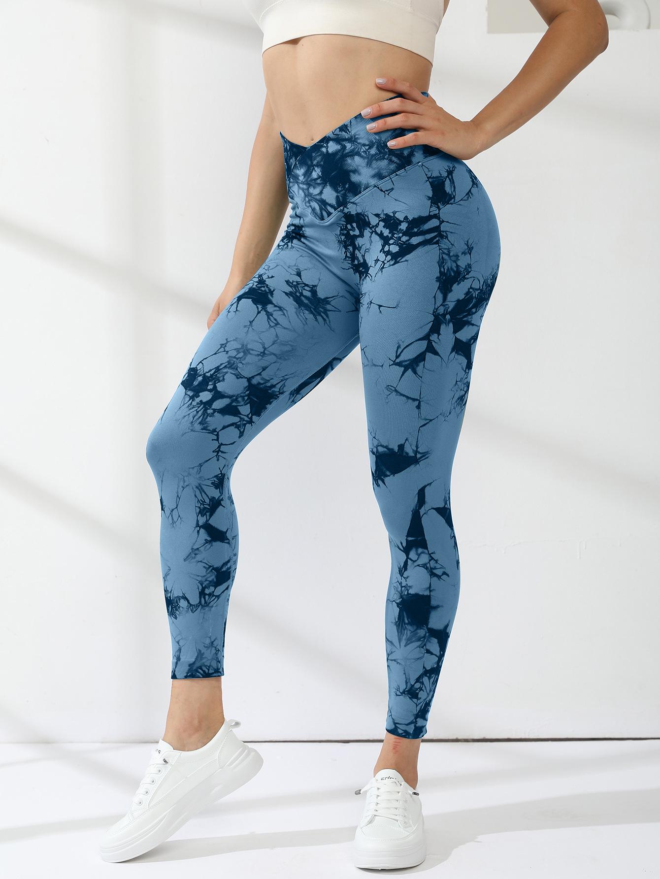 

Quick-Dry Tie-Dye Crisscross Waist Yoga Pants - High-Elastic, Peach Butt, Nine-Point Length Medium колір синій океан