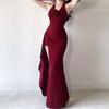 French V-neck Backless Long Skirt, New Celebrity Noble Dress with Split Ends, Slim and Thin Waist, Red Hip Skirt