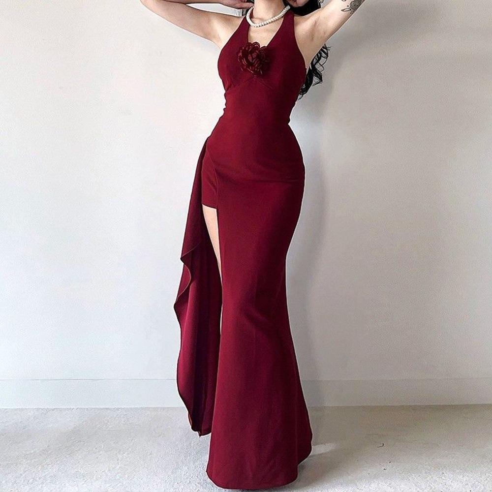 French V-neck Backless Long Skirt, New Celebrity Noble Dress with Split Ends, Slim and Thin Waist, Red Hip Skirt