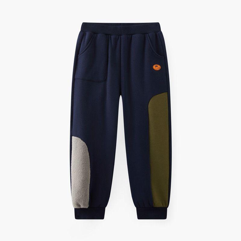 [Vip] Mqd Boys  Fleece-Lined Sweatpants 2025 Winter New Style Children s Thickened Warm Patchwork Jogger Casual Pants Navy Blue a 120