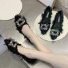 Fashion Black Shoes for Women Rhinestone with Crystals Green Elegant Party Pointed Toe Woman Flats Diamond Social Korean Style Lastest