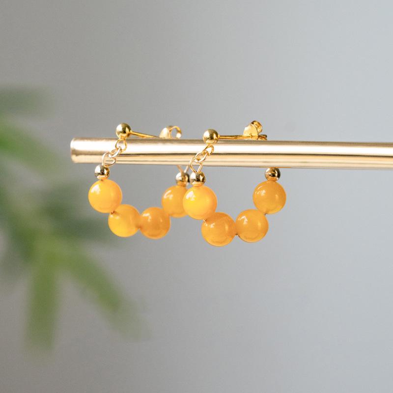 Natural Beeswax Chinese-Style Sterling Silver Yellow Amber Hoop Earrings