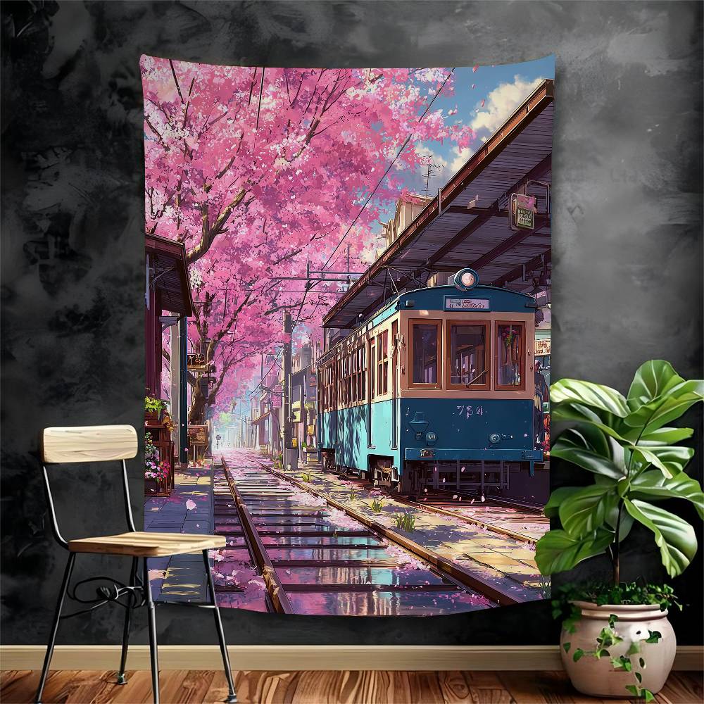 Japanese Street Train Scenery Sakura Cartoon Tapestry Art Science Fiction Room Home Decor Wall Hanging Home Decor