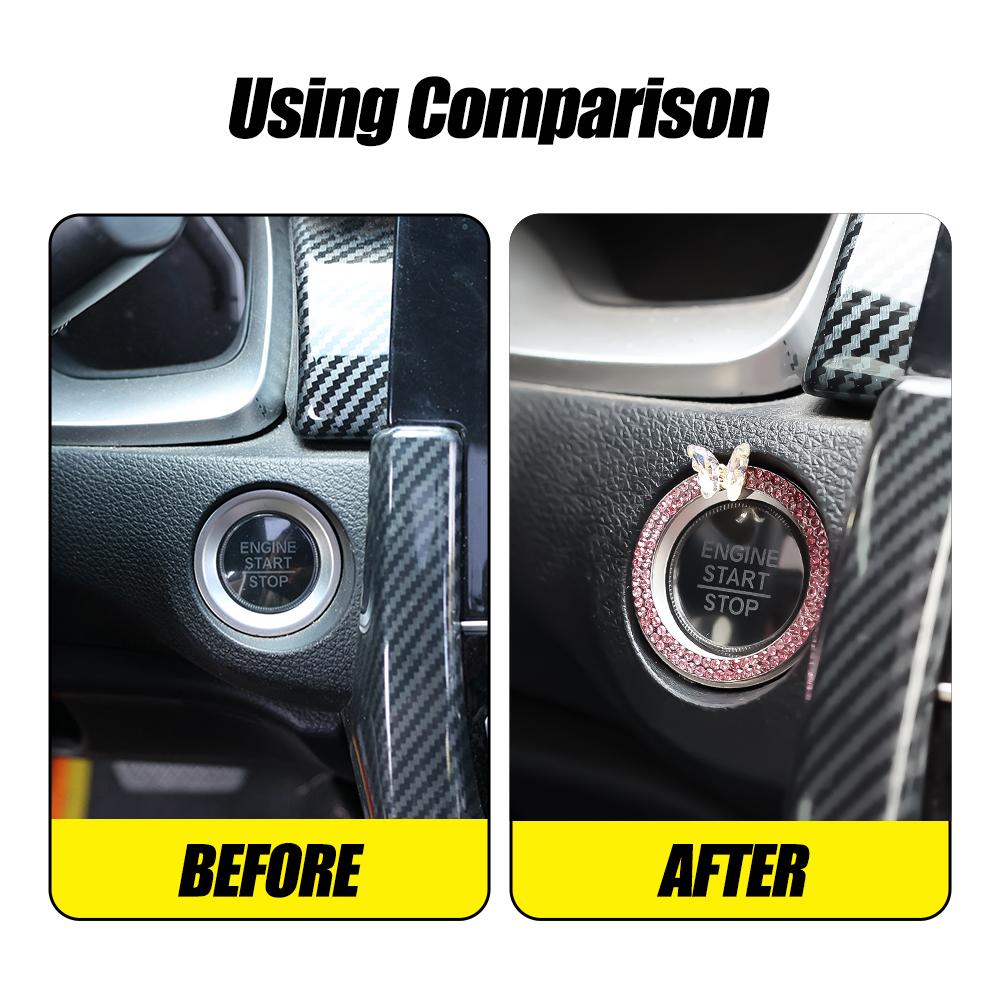 2pcs Car One Click Start Decorative Ring Button Diamond Sticker Bling Double Row Crystal Butterfly Ignition Ring Decorative Ring