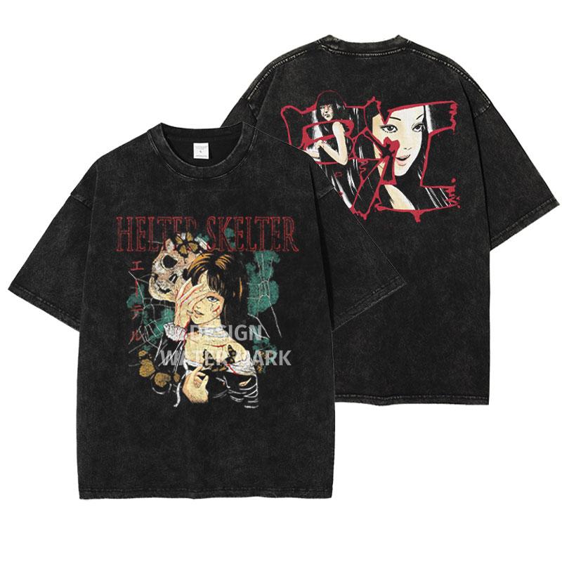 

Anime UUzumaki T Shirts Vintage Washed Spiral Into Horror Tshirt Short Sleeve Tomie Kawakami Tops Tees Girls Cotton M