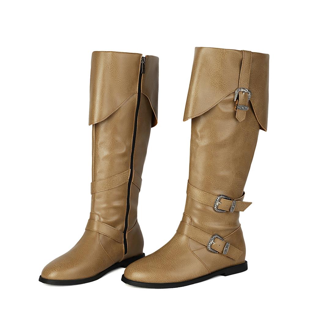 Caribbean Pirate Knee High Boots Women Tall Booties Halloween Costume Renaissance Medieval Cosplay Soft Leather Flat Shoes