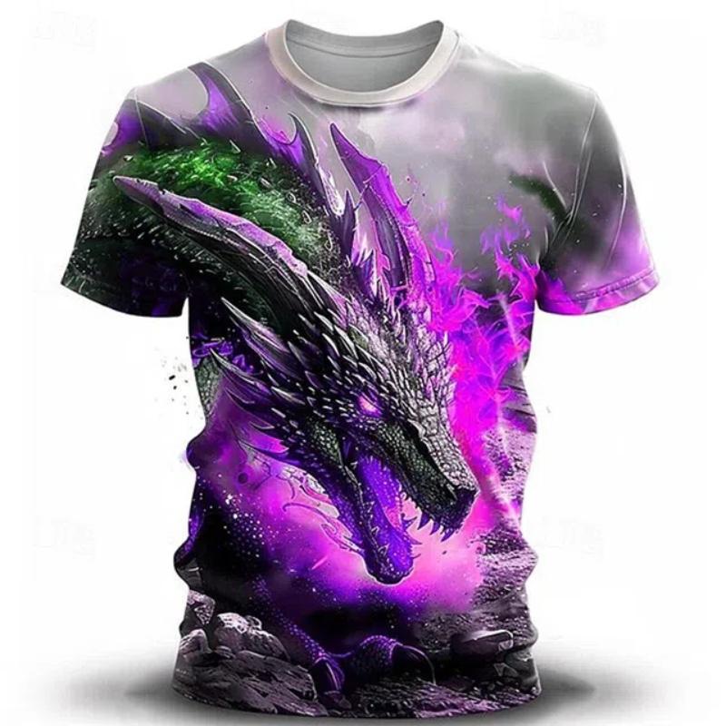 Men's Summer Casual 3D Printed Short Sleeve T-shirt Round Neck Large Size Printed Dragon Pattern Breathable Short Sleeve