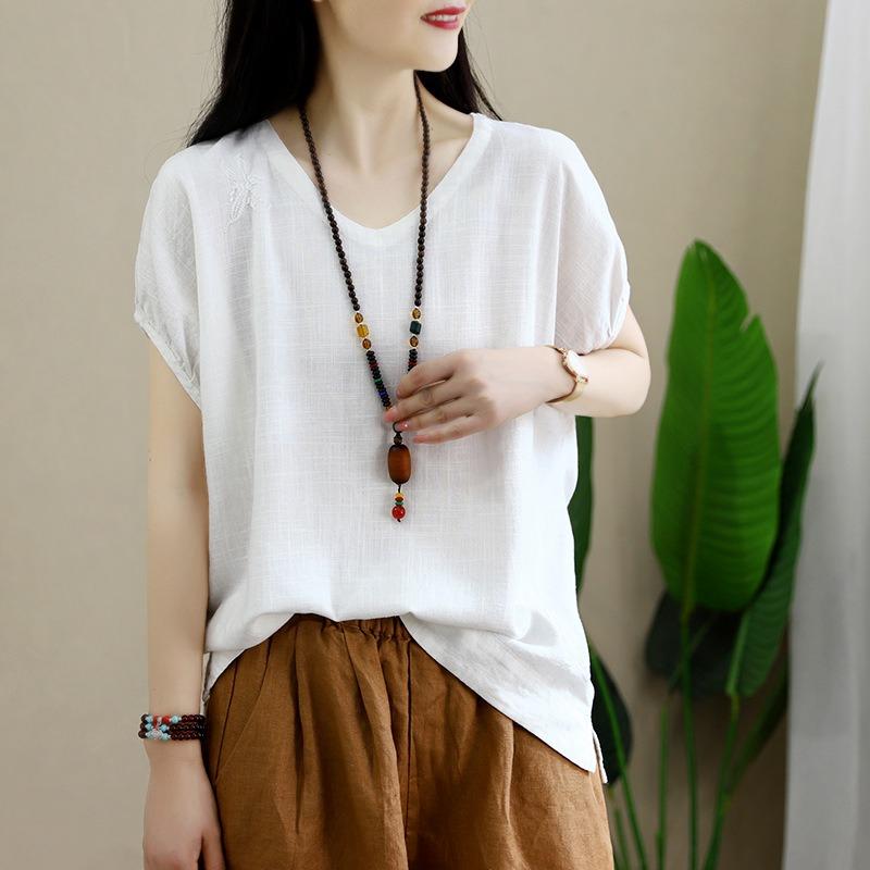 QICED Women's Fashion Casual Solid Color Print Short Sleeve V Neck Blouses & Shirts