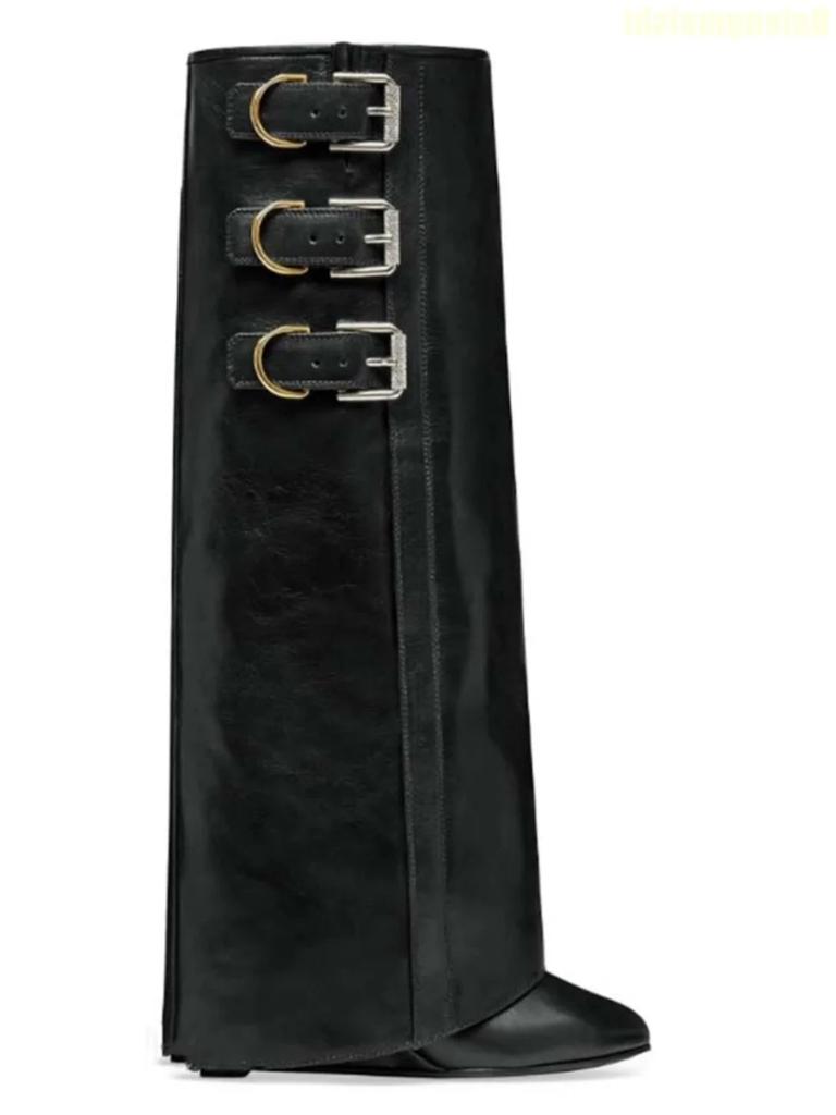 Black/white/red Leather Mid-Calf/knee-High Boots 2025 New Wedges Shark Boots Metal Belt Buckle Latest Catwalk Boots