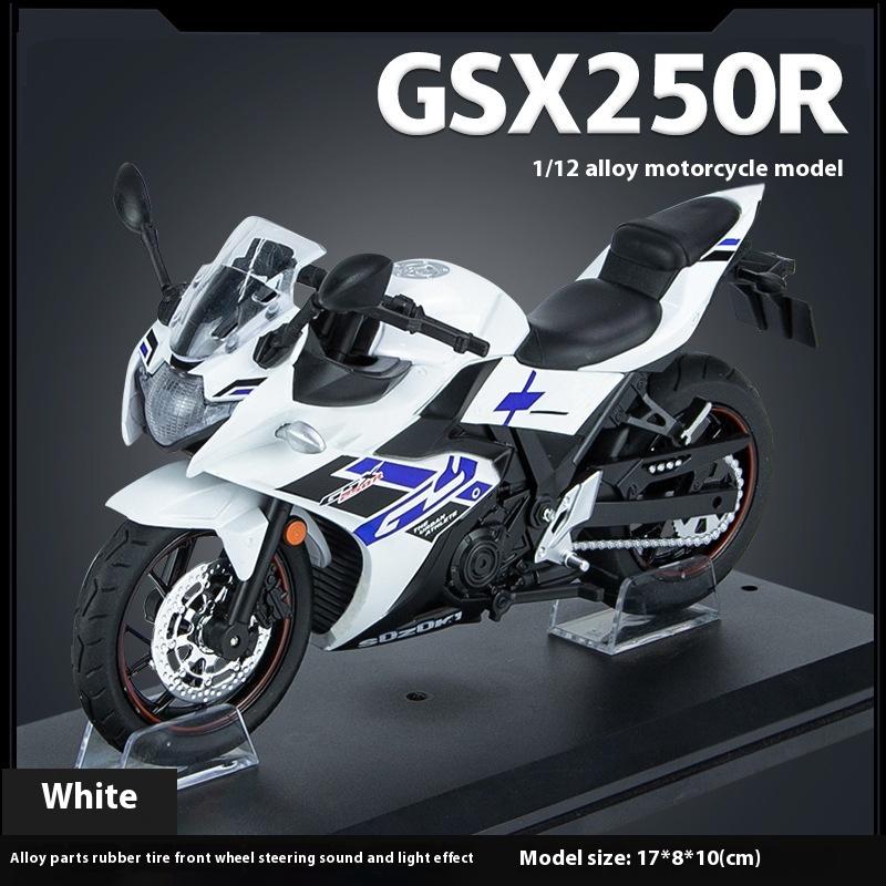1/12 Scale Suzuki GSX-250R Motorcycle Toy Alloy Diecast Model Sound and Light Toys Rubber Tires Miniature Racing Model Present for Kid