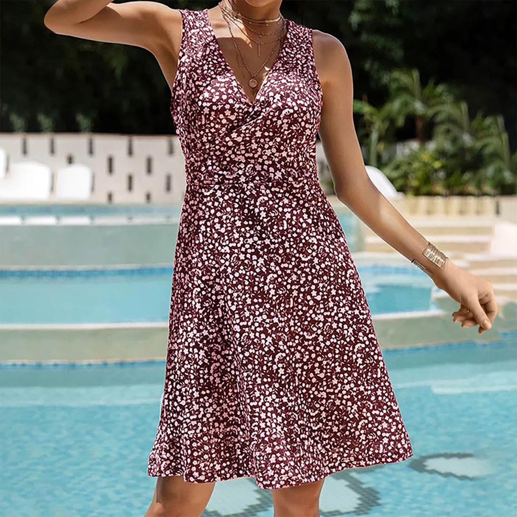 Ladies Sexy V-neck Mid-waist Floral Lace-up Sleeveless Vest And Swing Dress