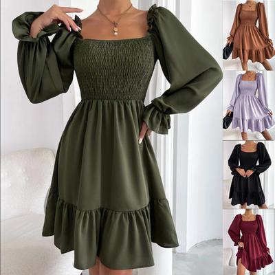 Women Spring Autumn Lantern Sleeve Square Collar Ruffles Pure Color Party One Piece Dress