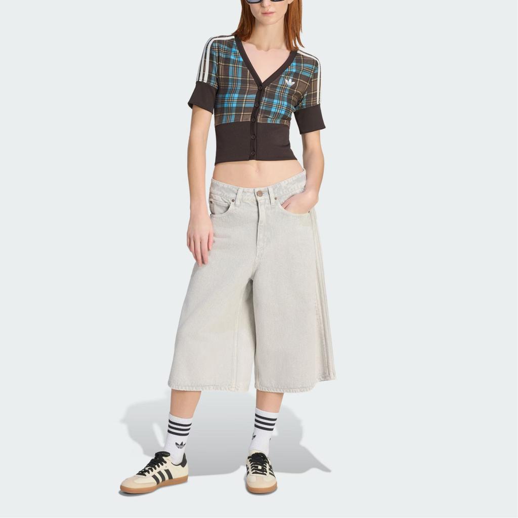 adidas Originální Kostkovaná Košile S Knoflíky Tři Pruhy Kostkovaná Knoflíková Sportovní Košile S V-Výstřihem Krátkým Rukávem Dámské košile KW4548