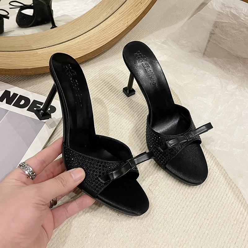 Rhinestone Word with Sandals Women's Summer 2025 New European and American Catwalk High Heels Thin Heel Round Head Bow Cool Slippers