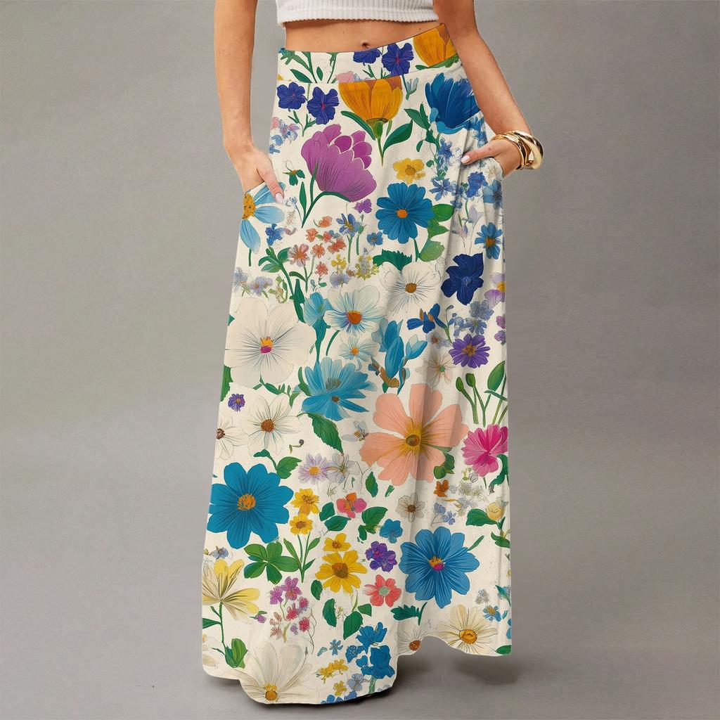 Women's Casual Leisure Foldable Floral Print High Waist With Pocket Draped Relaxed Long Maxi Skirt