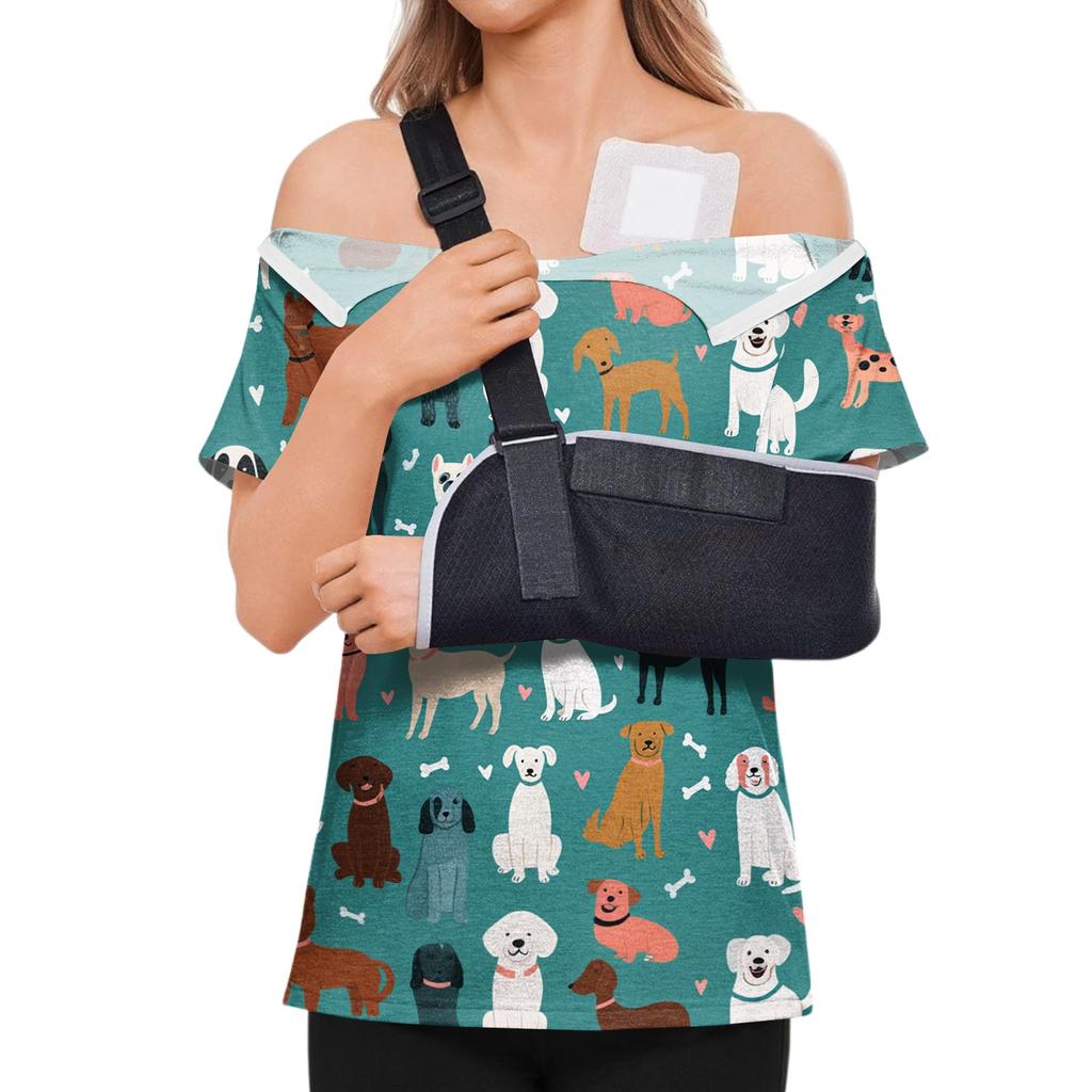 Women Shirt Animal Print Short Sleeve Top Shoulder Zipper Side Hook and Loop Closure Loose Fit Blouse