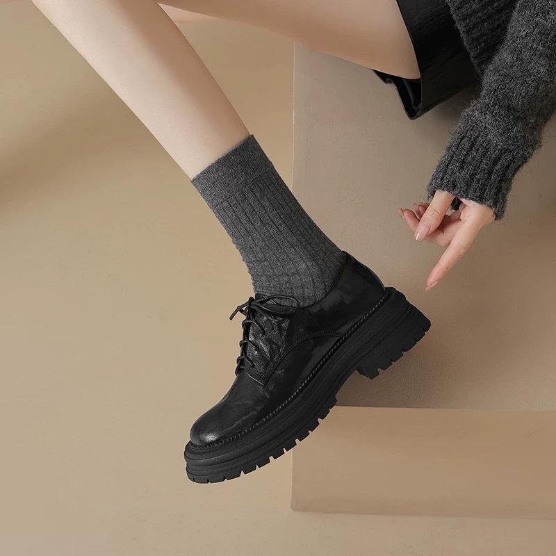 New Black Leather Single Shoes Women's Spring and Summer Platform Versatile Lace-up Small Leather Shoes