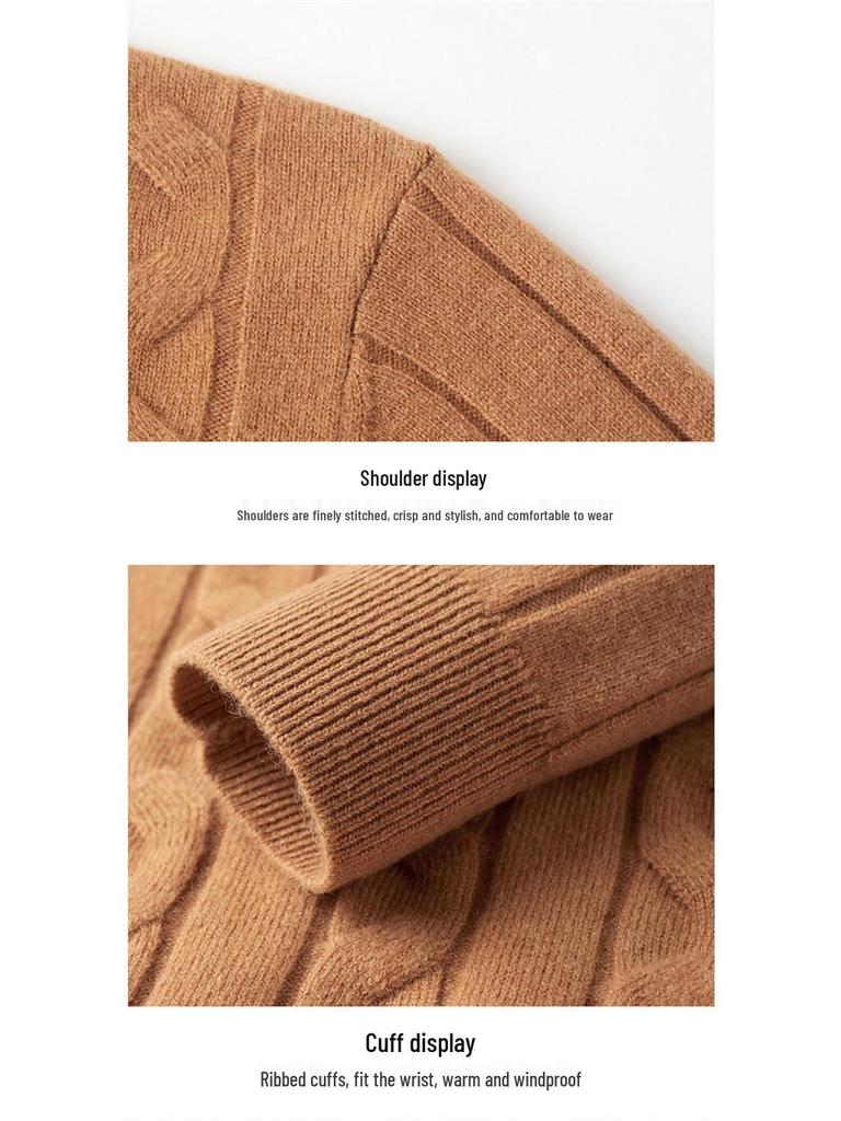 Men's Thick Cable Knit 100% Wool Sweater - Warm and Casual Autumn/Winter Base Layer Knitwear