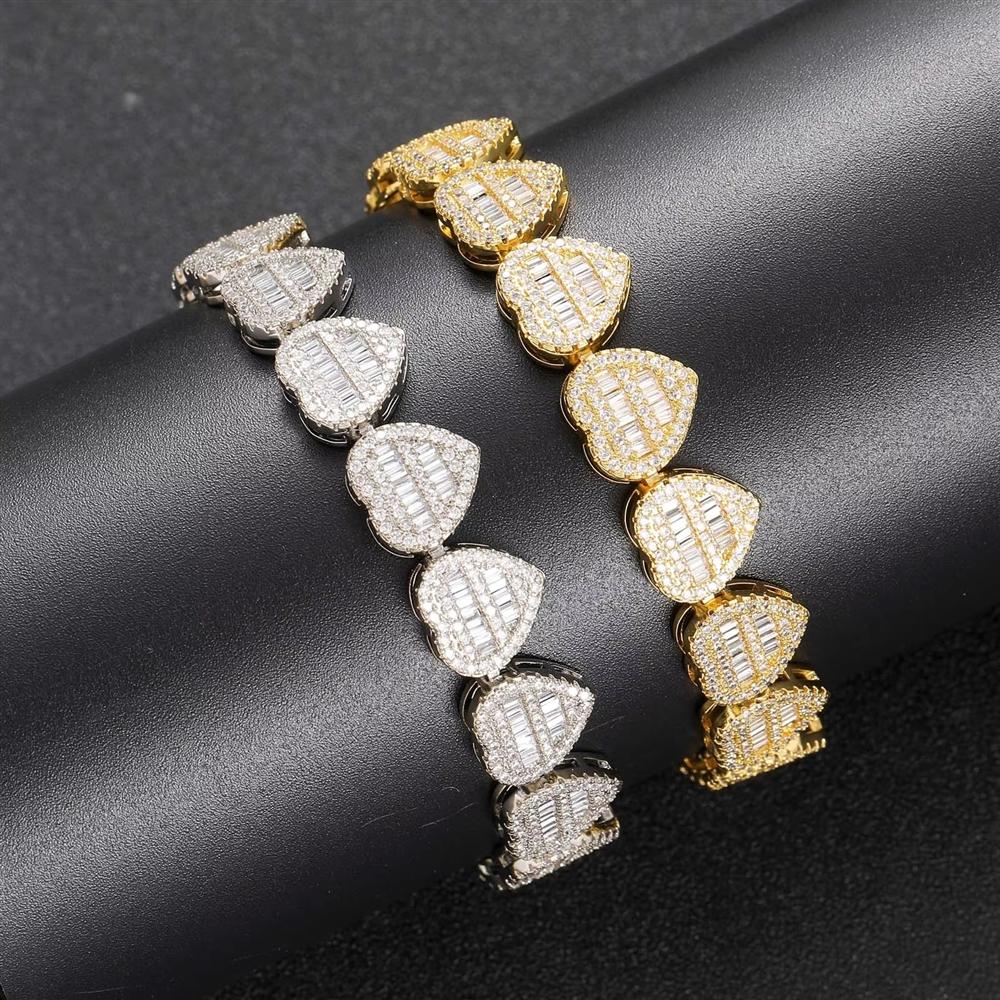 12mm Iced Out Round and Baguette CZ Heart Bracelet Hip Hop Couple Jewelry for Women Men Valentine's Day Gift