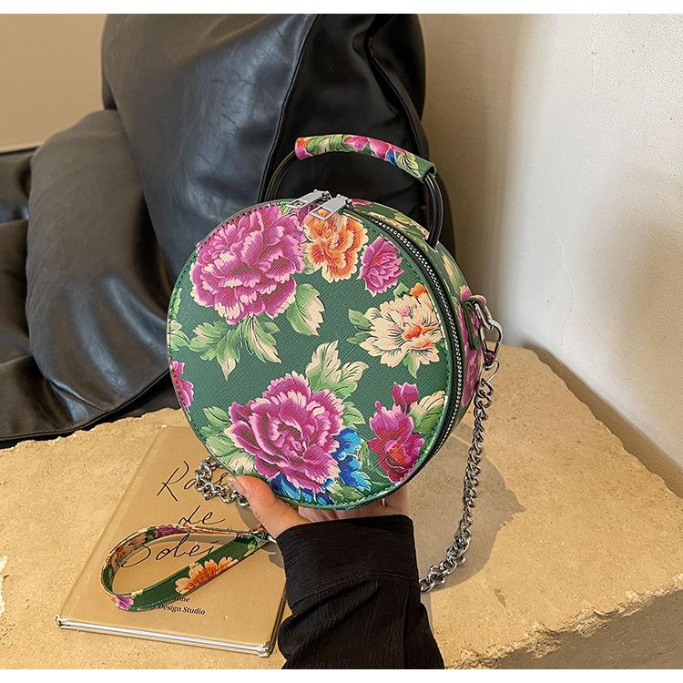 Damen-Sommertasche, großes Blumen- und kleines rundes Design.