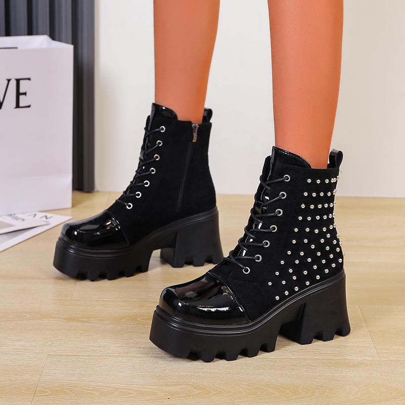 Europe, America, autumn and winter new thick heel side zipper thick bottom fashion rivet knight boots women's muffin women's Martin boots women