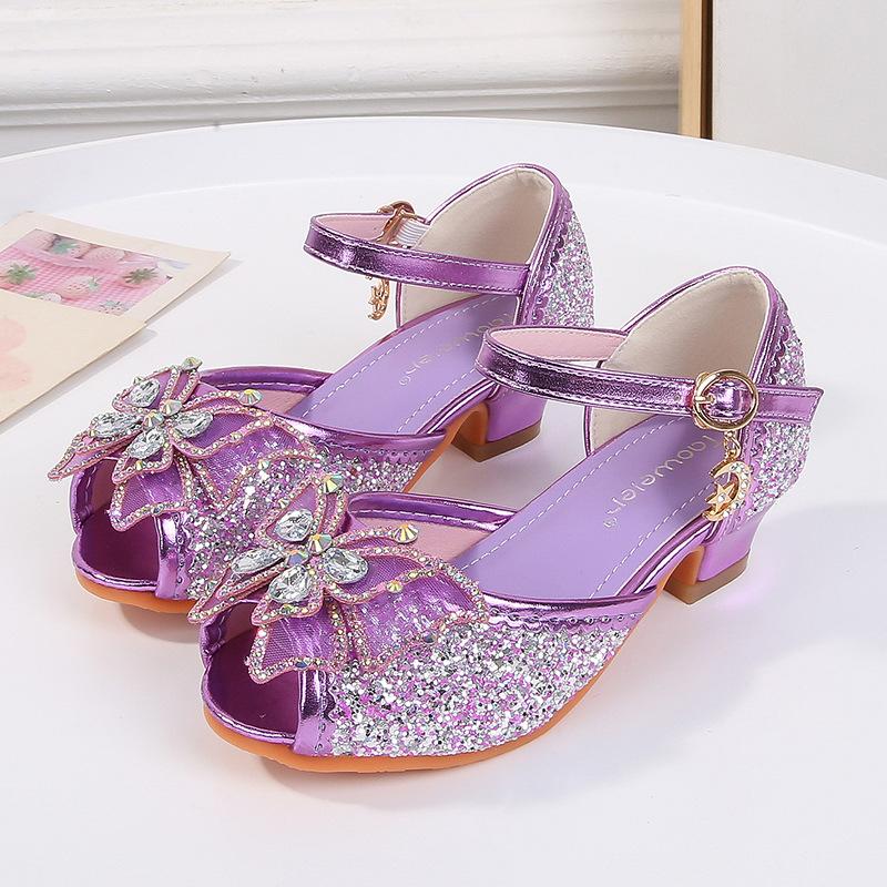 Girls Sandals High Heels Summer Children's Rhinestones Shiny Bow Princess Shoes Little Girl Fish Mouth Aisha Classmate