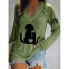 Ilstile Women's Lovely Dog Cat Print T-Shirts Spring Summer Long Sleeve Casual Loose V Neck Tops Blue Green Tees New Arrival