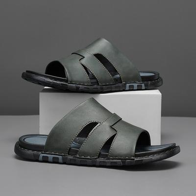 Handmade Men's Leather Slippers Summer Wear Non-slip Simple One-word Soft Leather Soft Bottom Microfiber Men's Slippers