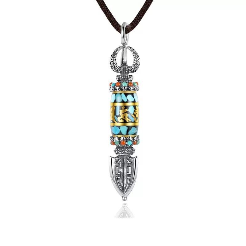 Rotating Dorje Pendant Necklace With Turquoise Bead Om Mani Padme Hum Inscription Men Women Boho Chic Jewelry