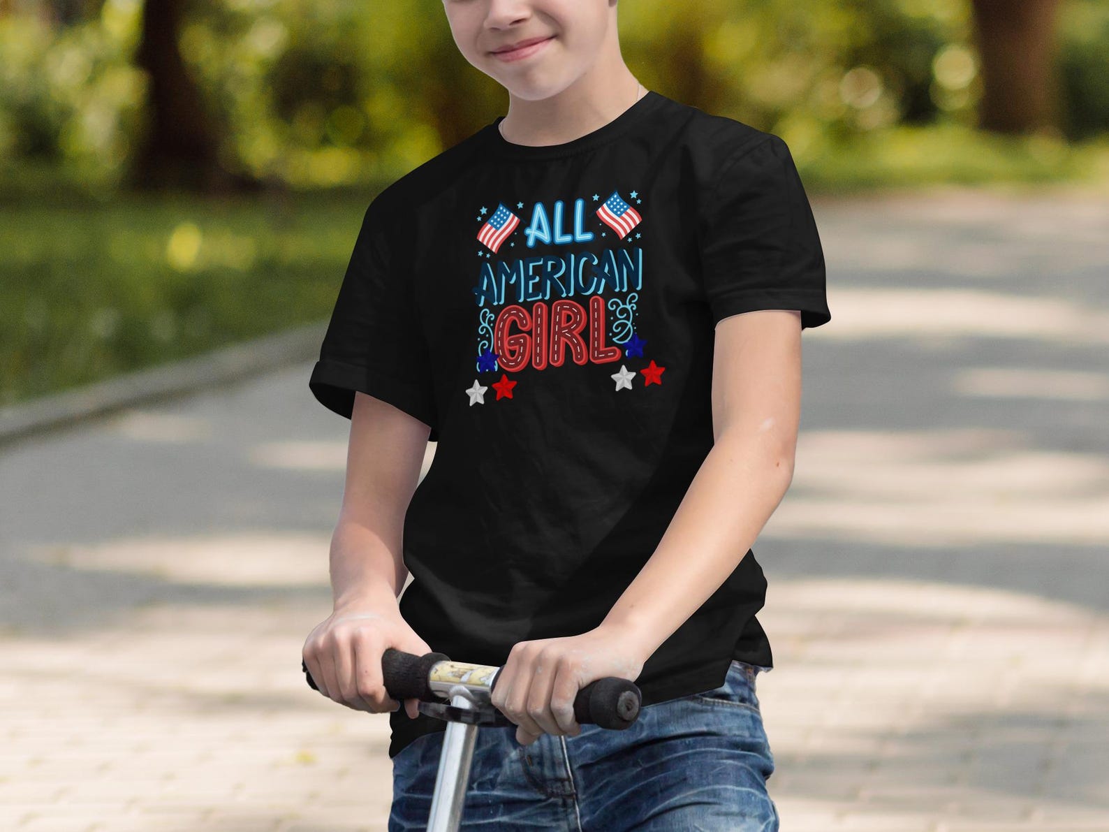 All American Girl T-Shirt | Patriotic USA Flag Stars Stripes Tee XL