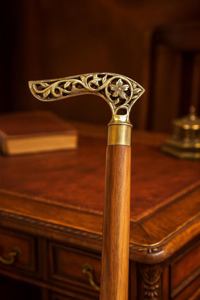 Royal Brass Handle Walking Stick – Vintage Engraved Wooden Cane Gift