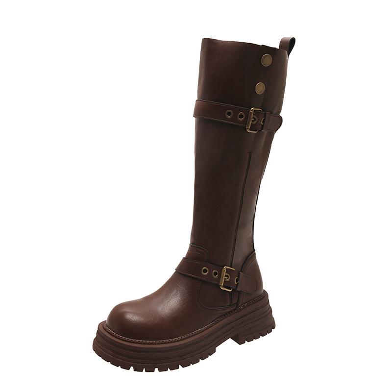 Brown Retro Maillard Thick Heel Platform Knight Boots Women's Genuine Leather New Spring and Autumn British Style Heightening Women's Boots