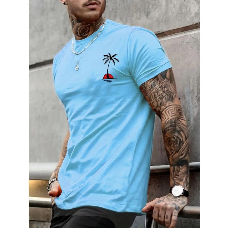 Men's Summer Casual Loose Size 100% Cotton Coconut Trees Print Round Neck Short Sleeve T-shirt Top